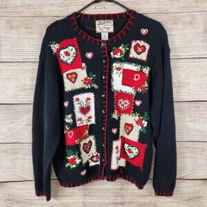 Heirloom Collectibles Vintage Heart Patchwork Cardigan Sweater Black Red XL